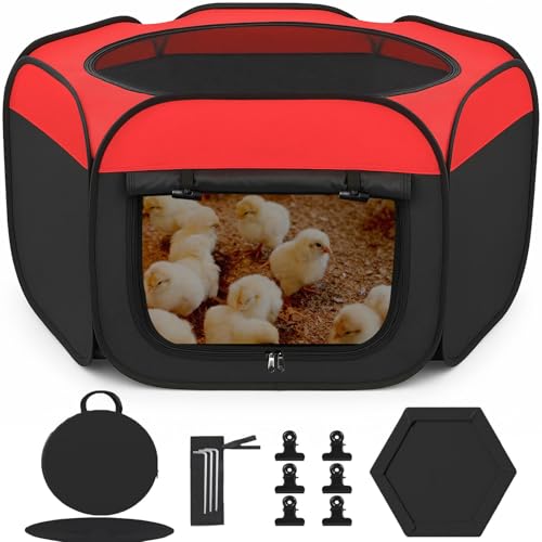 Chicken Brooder Box for Chicks, Pop Up Chick Starter Kit Brooder Pen with Double Door Cover, Collapsible Large Baby Chicken Brooder, Indoor Outdoor Use for Chicks, Ducks & Quail - color: Red