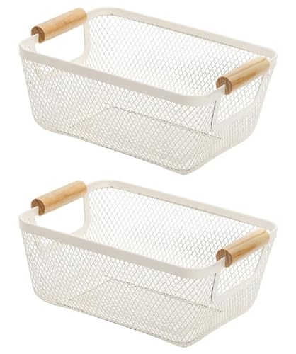 AJIODA 2Pack Metal Mesh Steel Basket, Small Wire Storage Organizer Basket Multi-function Hanging Kitchen Basket Fruit Basket with Wood Handle for Kitchen Picnic Cabinet Home Decor, Rectangle-Off White - color: Off-White, size: 2Pack-Small