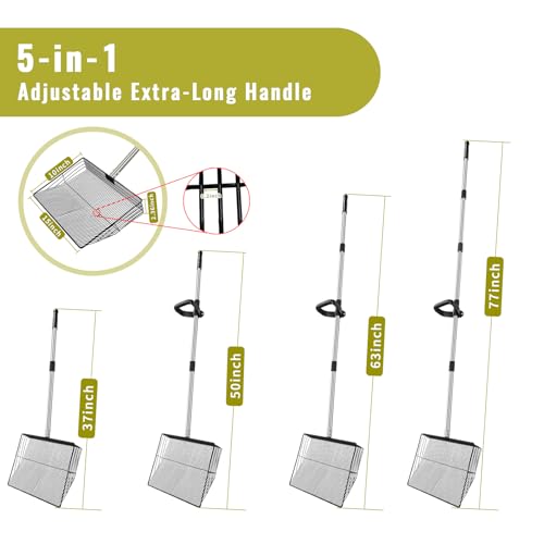 Metal Chicken Poop Scooper, 5-in-1 Detachable Chicken Coop Scoop Rake, Long Stainless Steel Handle, Chicken Litter Scoop Sifting Shovel Chicken Coop Scooper for Sand (15inch Large) - size: 15inch Large