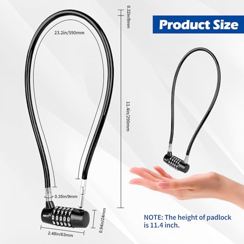 Cable Locks with Combination,Steel Cable Rope Wire 5-Digit Combination Lock with Resettable Code for Bikes, Lockers, File Cabinets, Wardrobes, Small Fences,gate Lock, Pool Padlock. - size: Span11in,Cable length 23*0.3 in