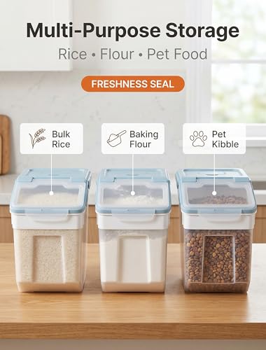 Roadoor Airtight Food Storage Container, 55 lb Flour Storage Bin with Silicone Seal Locking Lid and Wheels, Large Rice Storage Container with Measuring Cup, Pantry Dry Food Pet Food Storage (Blue)