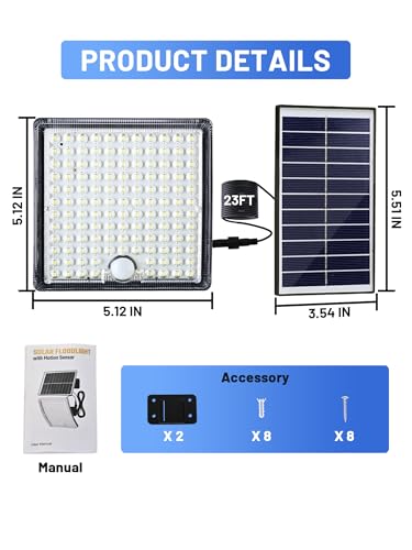 Solar Motion Lights Outdoor Waterproof with 5 Lighting Modes,Solar Flood Lights Outdoor Waterproof with 23FT Cable,126 LED Luz Solar Para Exterior with 2000mAh Battery,Shed/Porch/Yard/Patio/Garage - size: 1 Pack-No Remote