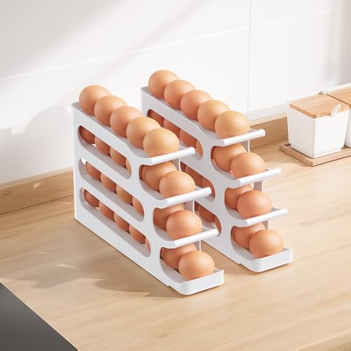Sotfamily Egg Holder for Fridge, 4 Tiers, Egg Roller for Eggs 24 Count | Auto Rolling Egg Storage Organizer for Refrigerator, Slim Space Saving Container, Dispenser - size: 4 Tiers