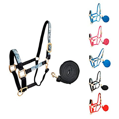 Tahoe Tack Patterned Nylon Adjustable Horse Halters with Padded Noseband and Matching 10’ Soft Grip Lead Rope with one Year Warranty - color: Paisley and Charcoal