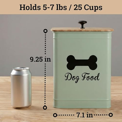 Dog Food Container Airtight Bamboo Lid 5-7 lb, 25 Cups, Sturdy Metal Handle | Pet Jar For Dogs up to 50lbs, Airtight Bamboo Lid, Sturdy Comfortable Metal Handle, Powder Coated Iron, Kibble Storage Bin - color: Sage Green