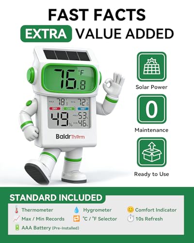 BALDR Indoor Thermometer Hygrometer, Solar Power with Battery Backup, Large Display, Daily Max/Min & Comfort Indicator Humidity Meter (White) - color: White