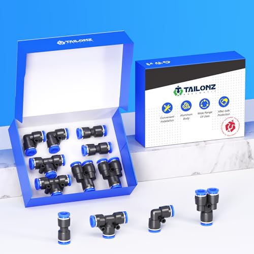 TAILONZ PNEUMATIC 3/8 Inch od Push to Connect Fittings Pneumatic Fittings Kit 2 Spliters+2 Elbows+2 tee+2 Straight (8 pcs) - color: Blue, size: 3/8"OD/8PCS
