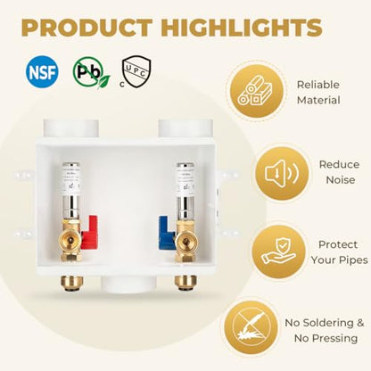 Premium Washing Machine Outlet Box, with Stainless Steel Water Hammer Arrestor, 1/2" Push-Fit x 3/4" MHT, Laundry Washer Valve Outlet Box with Clear Text Instructions - color: Push Fit/SS Arrestor/Optimized