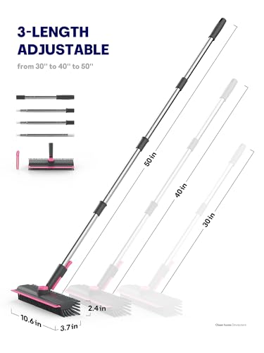 Floor Scrub Brush with Long Handle, 3 in 1 Multi-angle Swivel Right Angled Bristle Floor Scrubber Brush with Squeegee and Tweezer for Tile Wall Deck Bathroom Patio Garage Kitchen (Pink and Grey) - color: Pink and Grey