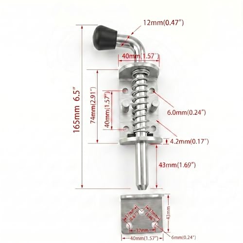 6.5 Inch Spring Loaded Latch Pin, Heavy Duty Metal Barrel Bolt Door Lock with Powder Coated Finish, 12mm Thick Gate Latch for Sheds, Utility Trailers and Corral Gates