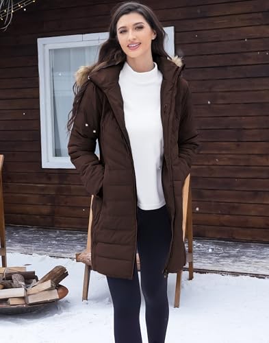 Pioneer Camp Women's Winter Coats Warm Thicken Long Puffer Jacket Waterproof Quilted Parka with Removable Faux Fur Hood - color: Coffee Brown, size: Small
