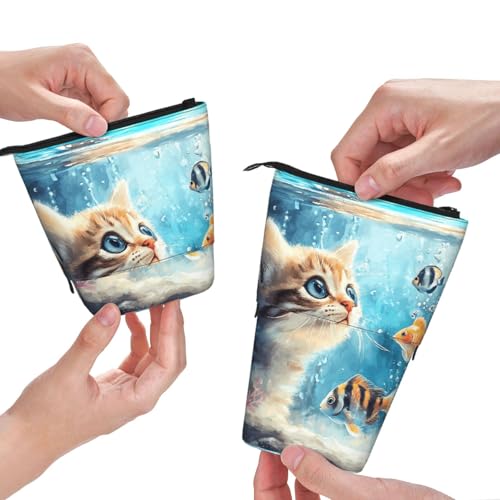 Cat and Fish Kids Standing Pencil Case Girls Boys Telescopic Stationary Pouch with Zipper Large Capacity Stand up Pen Bag Portable Makeup Holder for Children School Students Office Supplies - color: Cat and Fish