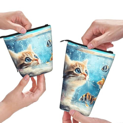 Cat and Fish Kids Standing Pencil Case Girls Boys Telescopic Stationary Pouch with Zipper Large Capacity Stand up Pen Bag Portable Makeup Holder for Children School Students Office Supplies - color: Cat and Fish