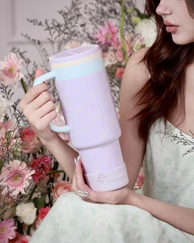 40 oz Insulated Tumbler with Handle and Push-Button Straw Lid, Stainless Steel Travel Cup for Gym Office, Leakproof, BPA-Free, Cup Holder Friendly, Bow Silicone Boot, Purple (Bow Lilac) - color: Bow Lilac