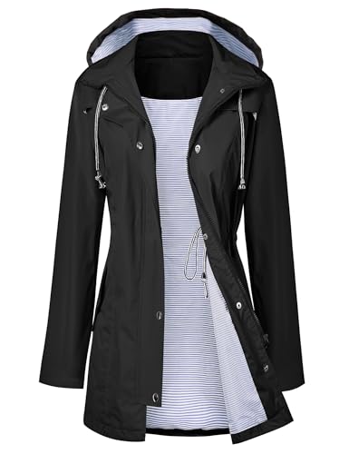 LOMON Raincoat Women Waterproof Long Hooded Trench Coats Lined Windbreaker Travel Jacket S-XXL - color: Black, size: X-Large