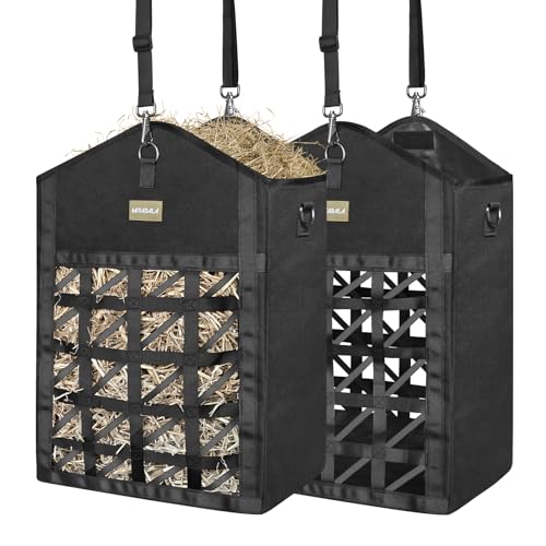 Ultra-Slow Feed Hay Bags for Horses,Two-Sided Premium Oxford Hay Bags with Large Opening,Top with Hook-and-Loop Closure,Adjustable Dual-Purpose Strap for Easy Hanging (Black, Large 2 Pack) - size: Large 2 Pack