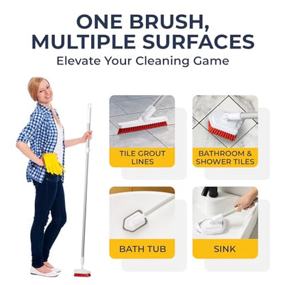 Shower Scrubber with Long Handle, Stiff Bristles Grout-Brush, Tub Scrub-Brush with Long-Handle, Shower-Cleaner Brush, Grout Cleaning Brush for Tile floors, Scouring Pad & Microfiber Cloth for Bathroom - color: White
