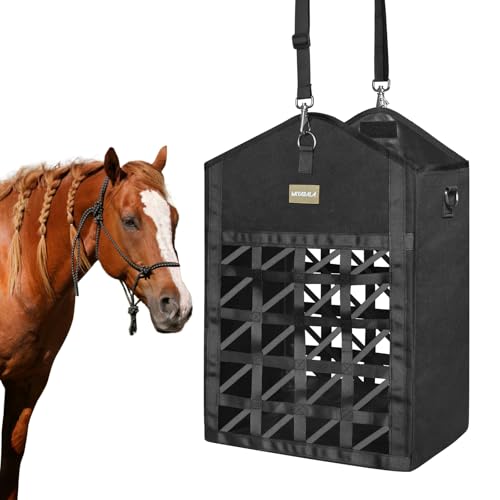 Ultra-Slow Feed Hay Bags for Horses,Two-Sided Premium Oxford Hay Bags with Large Opening,Top with Hook-and-Loop Closure,Adjustable Dual-Purpose Strap for Easy Hanging (Black, Large 1 Pack) - size: Large 1 Pack