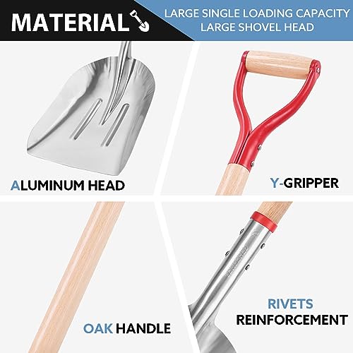 Aluminum Snow Shovel Driveway Snow Removal Tools Wide Grain Shovels | Light weight Aluminium Shovel Head, Large Capacity,Sturdy Wooden Handle,Snow Removal Tools,For Grain Transporting - style: Garden