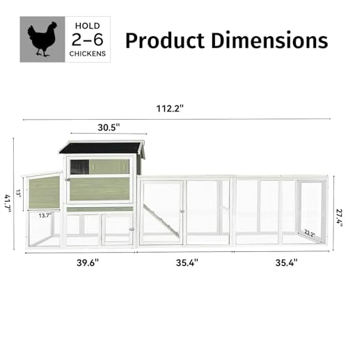 Chicken Coop, Large Chicken Coop with Run for 4-6 Chickens, Outdoor Hen House with 2 Nesting Boxes, Weatherproof Asphalt Roof, Pull-Out Tray, Perches, Ramp, Poultry Cage for Backyard Farm - color: Light Green