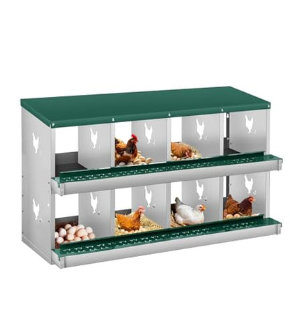 8 Compartment Chicken Nesting Boxes, Metal Roll Away Egg Laying Boxes with Removable Tray & Lid Cover, Chicken Coop Nest Box for Hens, Egg Protection Design (Without Legs) Green - color: Green, size: 8 hole - without leg