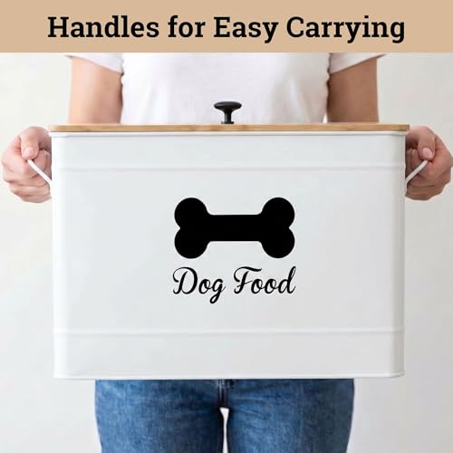 Dog Food Container Airtight 15-20 lb (70 Cup) Capacity with Metal Scoop - Cute Airtight Dog Food Storage Container with Bamboo Lid - White Metal Kibble Storage Bin for Dogs up to 100 lbs - Big Pet Jar - color: White