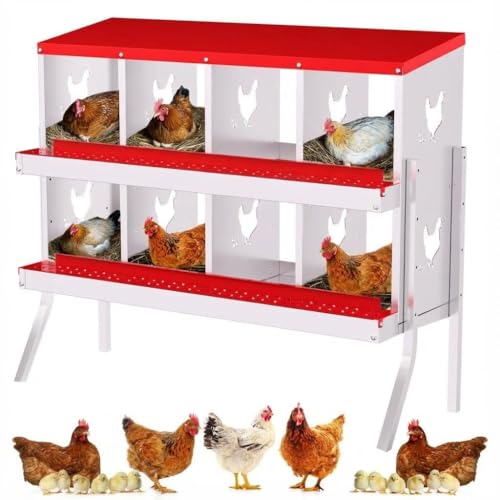 Chicken Nesting Box,8 Holes Galvanized Steel Metal Chicken Laying Box with Automatic Roll-Away Egg Collection System & Removable Tray,Wall Mount Nesting Boxes - color: Red, size: 8 Holes with Legs