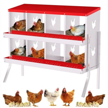 Chicken Nesting Box,8 Holes Galvanized Steel Metal Chicken Laying Box with Automatic Roll-Away Egg Collection System & Removable Tray,Wall Mount Nesting Boxes - color: Red, size: 8 Holes with Legs