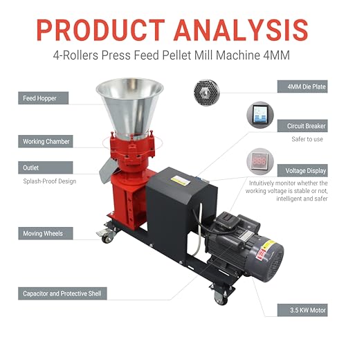 3.5KW Feed Pellet Machine,Animal Pellet Mill with 4-Roller Press for Poultry Livestock Goats,330-440 lbs/h Output,220V Electric Pellet Maker (4mm Die Included)