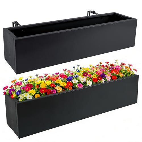 2 Pack Metal Railing Planter Box, 30 Inch Balcony Planters with Adjustable Brackets, Large Hanging Planters for Outdoor Fence Deck - color: Black 2pcs