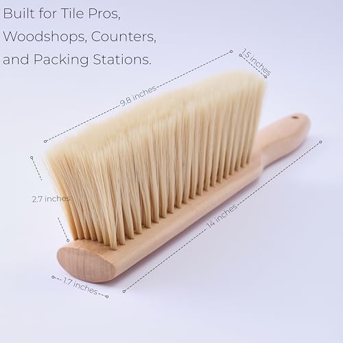 Foxtail (Fox Tail) Bench Brush for Construction Cleanup and Tile Finishing - Heavy-Duty Wooden Handle, Wide Sweep, Hang Loop, 14-Inch, Also for Woodworking and Retail Counters