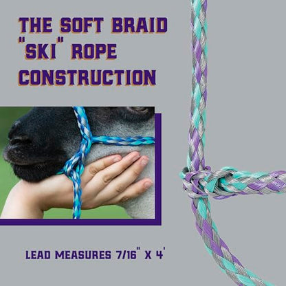 Weaver Livestock Braided Poly Rope Halter, 4 ft | Modern, Adjustable, Soft Braid, For Sheep & Goats - color: Gray/Lavender/Mint