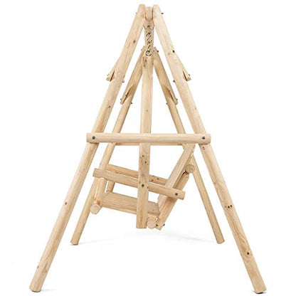Tangkula A-Frame Wood Log Swing Bench, Outdoor Rustic Curved Back Swing Chair for Patio Garden Yard