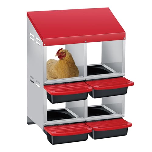 Metal Chicken Nesting Box with Easy-Collect Tray & Lid – 3/4/2x2 Compartment Heavy Duty Roll Away Nesting Boxes for Chickens, Wall Mount or Freestanding, Galvanized Steel Hen Laying Box for Coop - color: Red, size: 4 Holes & 2-tier