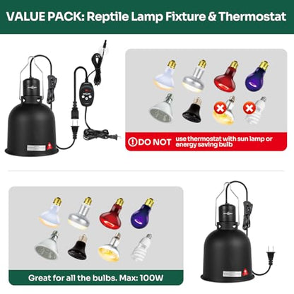 REPTI ZOO Reptile Light Fixture Dimming Thermostat Combo Pack, 5.5 Inch Deep Dome Lamp Fixture Max 100W, PID Reptile Thermostat Temperature Controller for Reptile Heat Lamp Bulb - size: 5.5 Inch
