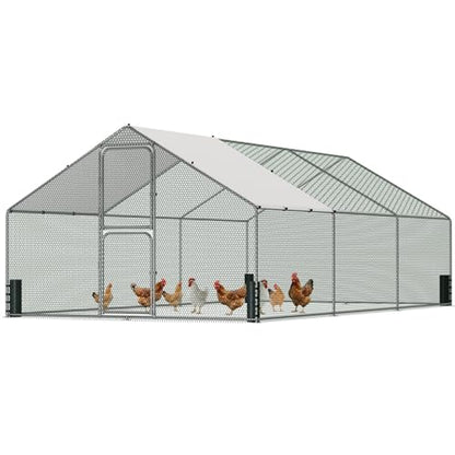 Large Metal Chicken Coop, Chicken Run with Feeding Door, Security Lock and Cover, Outdoor Walk-in Duck/Rabbit Cage Poultry Pen for Backyard, Farm, Yard (Silver - Spire Roof, 19.7 x 9.8 x 6.5 FT) - size: 236.2"L x 118.0"W x 78.7"H