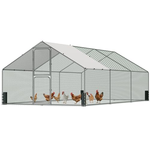 Large Metal Chicken Coop, Chicken Run with Feeding Door, Security Lock and Cover, Outdoor Walk-in Duck/Rabbit Cage Poultry Pen for Backyard, Farm, Yard (Silver - Spire Roof, 19.7 x 9.8 x 6.5 FT) - size: 236.2"L x 118.0"W x 78.7"H