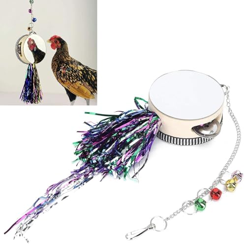 Cyrank Chicken Mirror Toys, Pet Chicken Mirror Drum Toys Chicks Hens Hanging Double Side Playing Toy Hanging Swing Mirror Toys with Bell