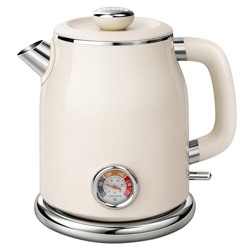 Mecity Retro Electric Kettle 1.7L, Stainless Steel Interior, Food-Grade Silicone Water Contact, Double Wall Cool Touch, 1500W Fast Boil, Thermometer (°F/°C), Wide Opening, Cream - color: Cream