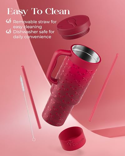 40 oz Insulated Tumbler with Handle and Push-Button Straw Lid, Stainless Steel Travel Cup for Gym Office, Leakproof, BPA-Free, Cup Holder Friendly, Bow Silicone Boot, Red (Coquette Cherry) - color: Coquette Cherry