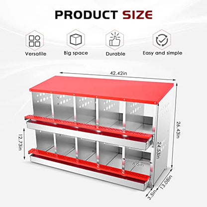 Nesting Box for Chickens, Roll Away Chicken Nesting Boxes with Easy Egg Collection Heavy Duty Metal Laying Box for Hens - 10 Compartment