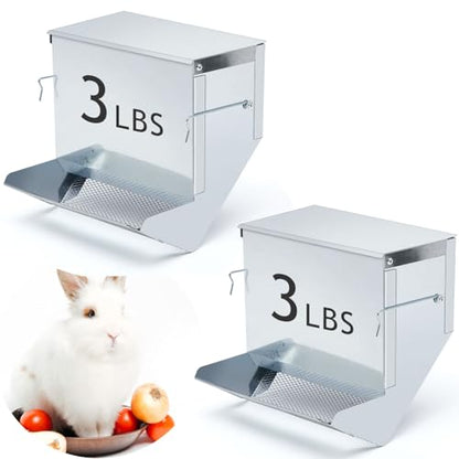Maxcheck 2 Pcs Rabbit Feeder for Cages Small Animal Food Pellet Dispenser with Lid Metal Chicken Grit Oyster Shell Squirrel Feeders Outside(7.7 Inches,Mesh Bottom,Silver) - color: Silver, size: 7.7 Inches