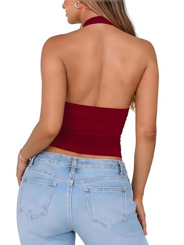 ForeFair Women Sexy Halter Neck Backless Going Out Crop Tank Top Deep V Neck Open Back Sleeveless Slim Fit Y2k Summer Tops - color: Burgundy, size: Small