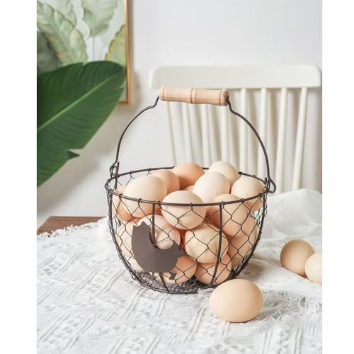 Farmhouse Rustic Black Wire Metal Egg Basket With Handle,Vintag Decorative Fruit Basket Bowl for Kitchen Countertop Living Room Home Farm Table Decor - size: 8*5 inch