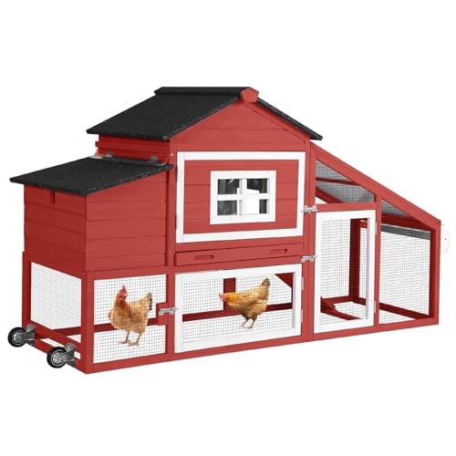 Chicken Coop with Wheels,Outdoor Hen House with Waterproof Asphalt Roof, Wooden Poultry Enclosure with Easy-Clean Slide-Out Tray,Poultry Cage with Nesting Boxes for Duck Rabbit Chicken