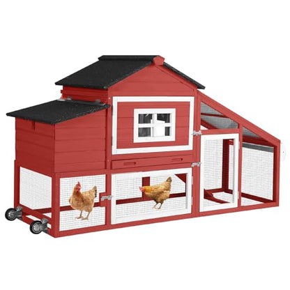 Chicken Coop with Wheels,Outdoor Hen House with Waterproof Asphalt Roof, Wooden Poultry Enclosure with Easy-Clean Slide-Out Tray,Poultry Cage with Nesting Boxes for Duck Rabbit Chicken
