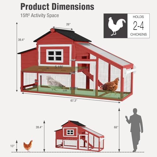 Chicken Coop with Wheels, Mobile Outdoor Chicken House with Leakproof Pull-on Tray, Nesting Box, Waterproof Roof - Red - color: Red