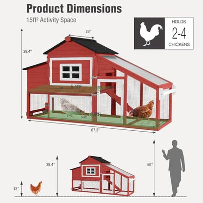Chicken Coop with Wheels, Mobile Outdoor Chicken House with Leakproof Pull-on Tray, Nesting Box, Waterproof Roof - Red - color: Red