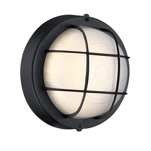 Round Bulkhead Light, Outdoor LED Nautical and Sauna Lamp | Dimmable, 8.0 Inch 1500 Lumen 3000K, Aluminum, Glass, Water-proof Wall Lantern Light for Patio, Porch, Garage, Black, 1-Pack - color: 3000K Black, size: 1pk-round