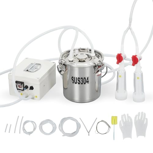 TROPOW 3L Goat Milking Machine, Electric Automatic Pulsation Vacuum Milker with 304 Stainless Steel Bucket, Portable Milker with Food-Grade Silicone Cups and Tubes, Adjustable Suction for Goat